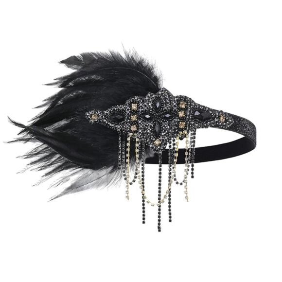 1920s Flapper Headpiece 20s Gatsby Black Feather Headband Roaring 20s - Picture 5 of 6